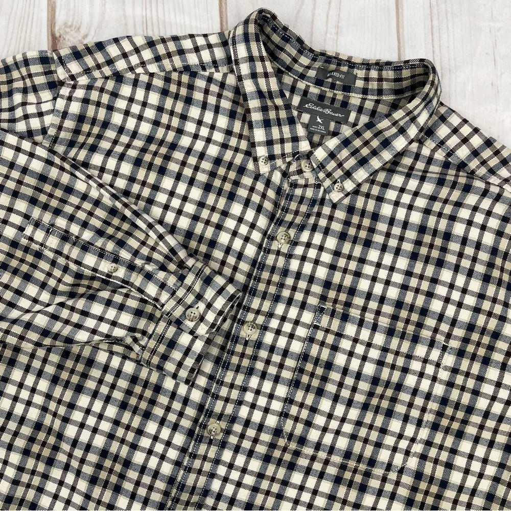 Eddie Bauer Relaxed Fit Long Sleeve Button Up Shirt Black/Tan Plaid Sz 2XL